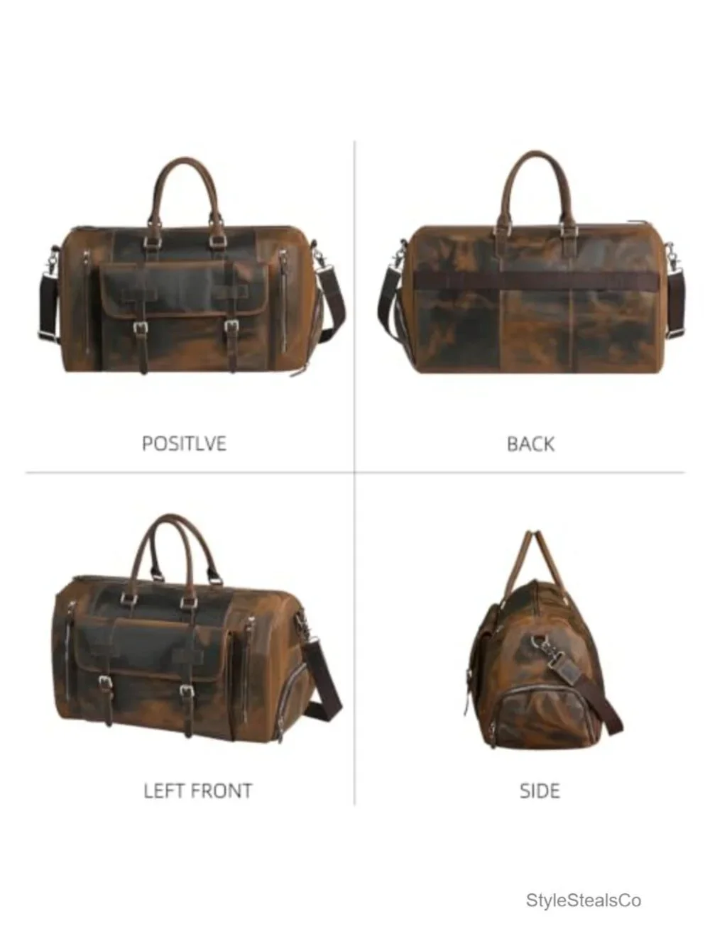 Genuine Crazy Horse Leather + Canvas Duffle Bag Carry-On Weekender Overnight